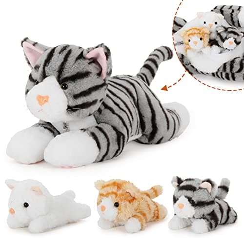 Muiteiur 157 Inch Cat Stuffed Animal with Babies 1 Mom 3 Baby Kittens with Portable Zipper Storage Pouch Cuddly Stuffed Animal Toys for Kids Girls Boys