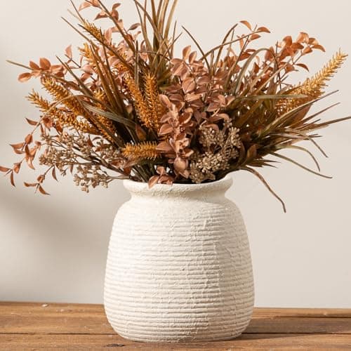 Ceramic Flower Vase, 7.48 Inch White Rustic Farmhouse Decorative Vase Pottery Wide-Mouth Vases for Home Decor Table Living Room Entryway Mantel Bookshelf Bedroom Bathroom Kitchen