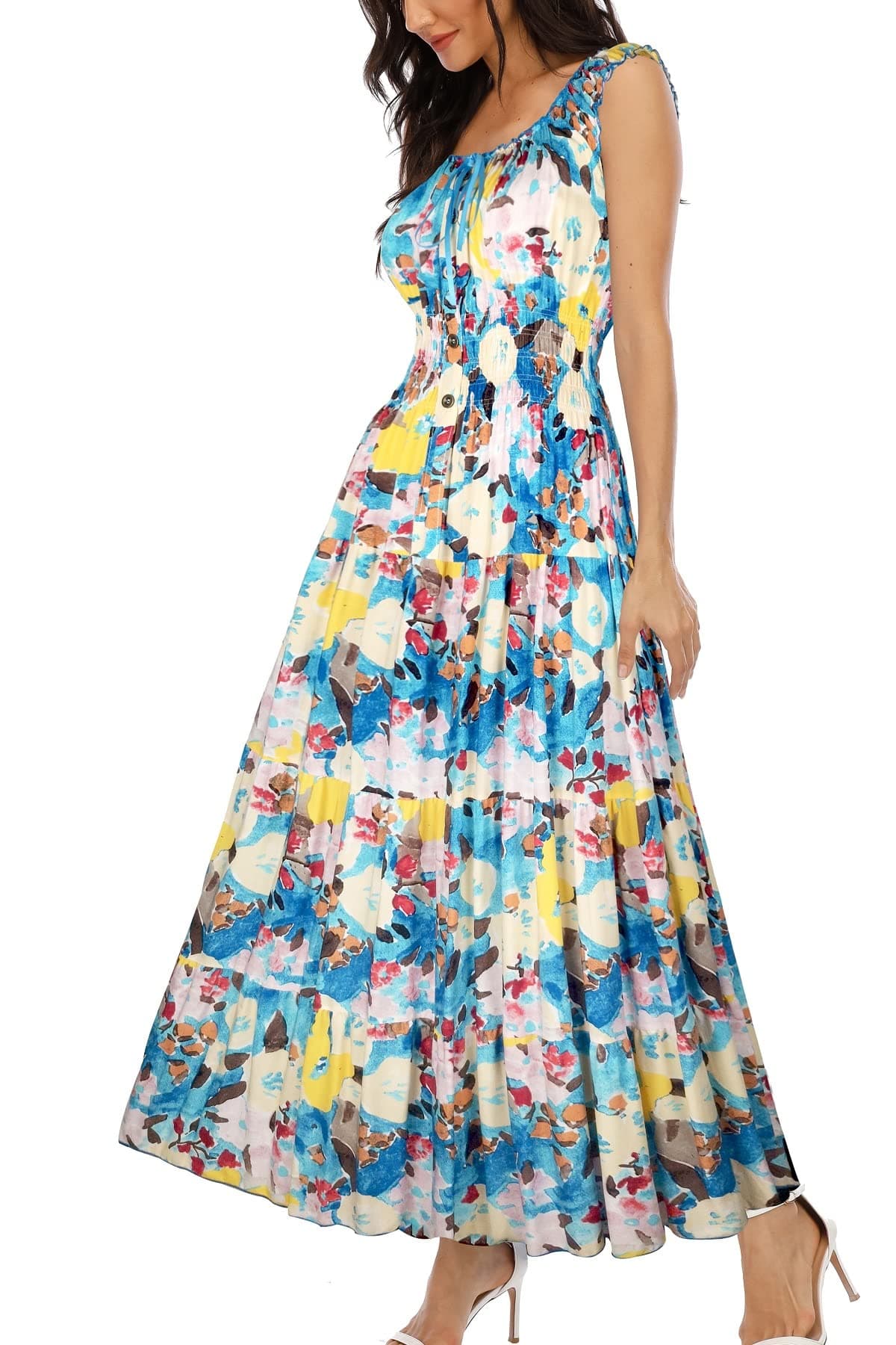 OSTOO Women's 2025 Summer Boho Floral Print Tiered Casual Flowy Long Maxi Dress(Blue,L)