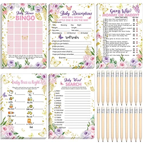 Sinmoe 145 Pcs Butterfly Baby Shower Games Supplies 5 Sets Baby Shower Games Activities Cards with 20 Pcs Funny Pencils Include Descriptions and Wishes Guess Who Bingo Play Word Search