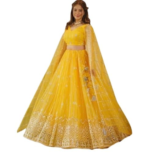 GOROLY Women's Semi-stitched Poly Net Yellow Embroidered Lehenga Choli Set with Dupatta | Traditional Lehenga for Girls | Stylish Lehenga Choli for Festival Cultural & Ethnic Wear