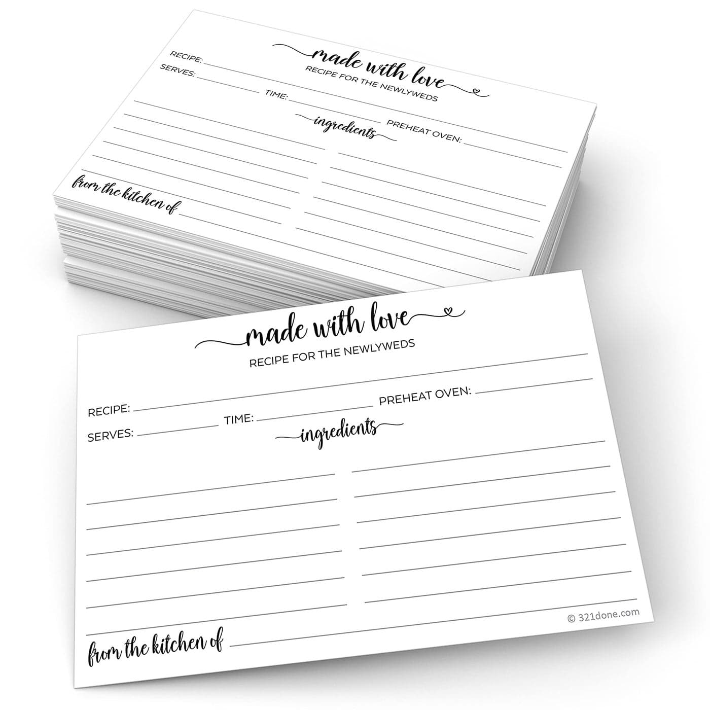 321Done Newlyweds Recipe Cards Made in the USA 4x6 White Cute Modern Made with Love Heart Calligraphy Design DoubleSided For Weddings Bridal Shower Bridal Recipe Book Set of 50