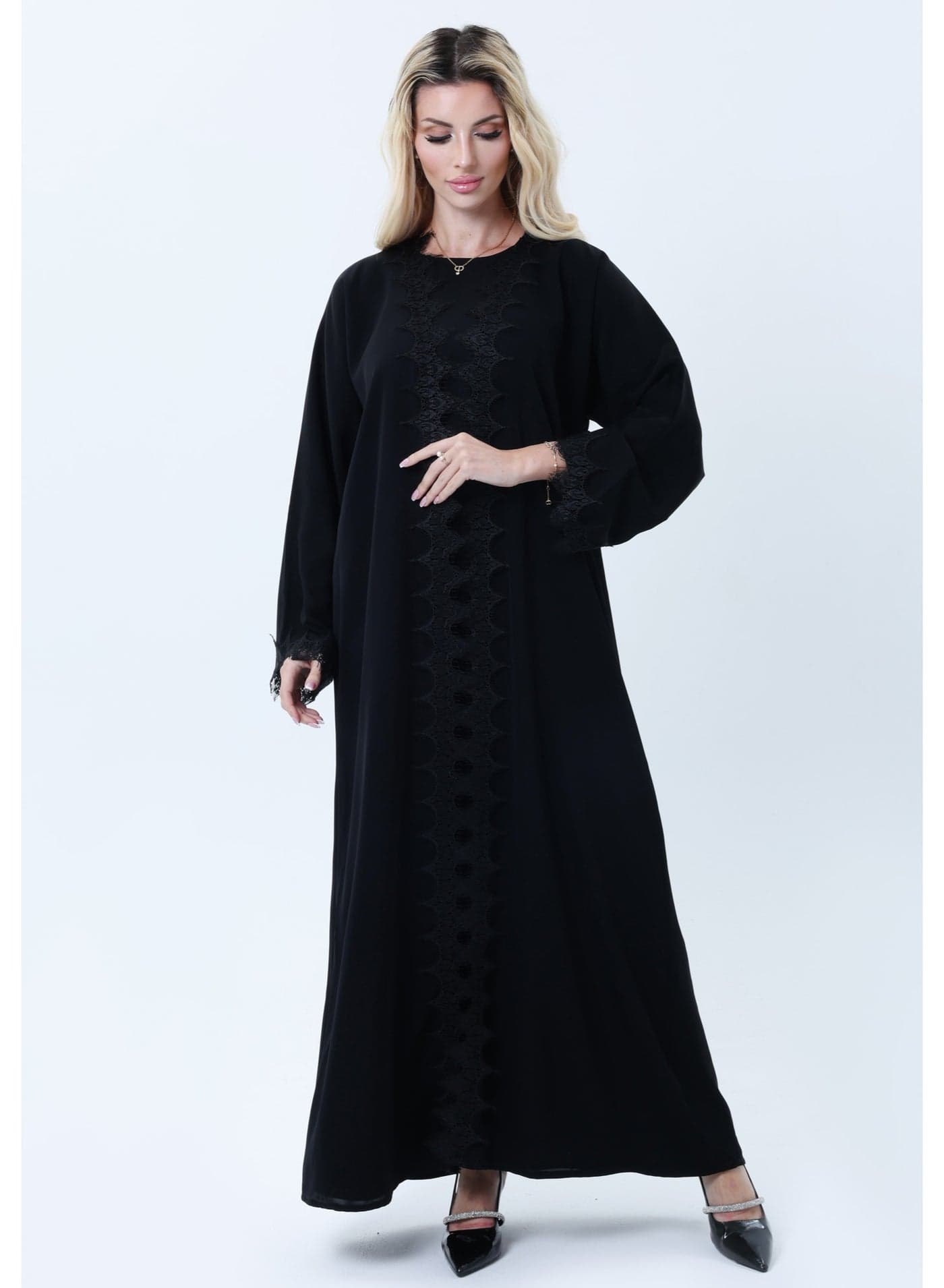 3-Piece Black Abaya Set with Intricate Lace Detailing & Matching Headscarf