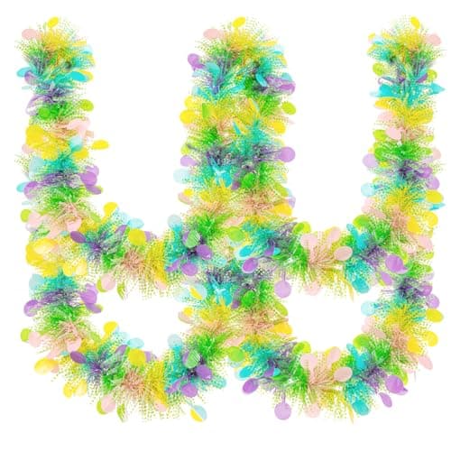 Gloreyan 33FT Easter Tinsel Garland Colorful Easter Egg Metallic Twist Tinsel Garland with Confetti Spring Hanging Garland Decoartion for Easter Tree Door Stair Mantle Party Supplies