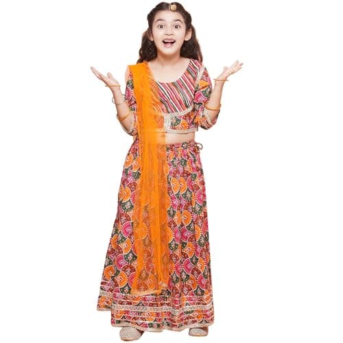 AJ DEZINES Kids Ethnic Wear Cotton Leheriya Printed Half Sleeve Orange Lehenga Choli Set For Girls With Dupatta (G-LH07-ORANGE-18)