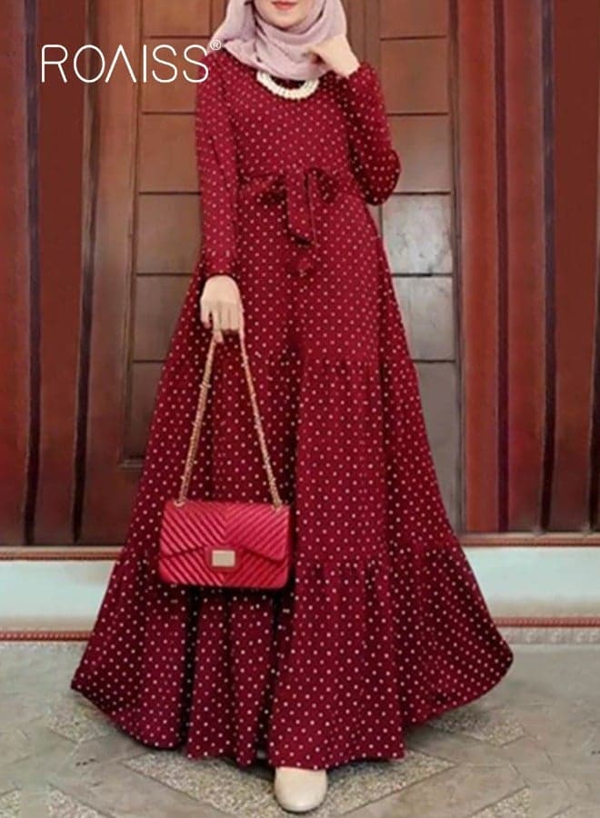Women's Long Sleeve Vintage Polka Dot Robe Long Skirt Fashion Belt Large Hem Islamic Muslim Clothing Red Decorative Fashion Belt Large Flared Hem Soft Flowing Fabric Ideal for Daily Wear and Special Occasions