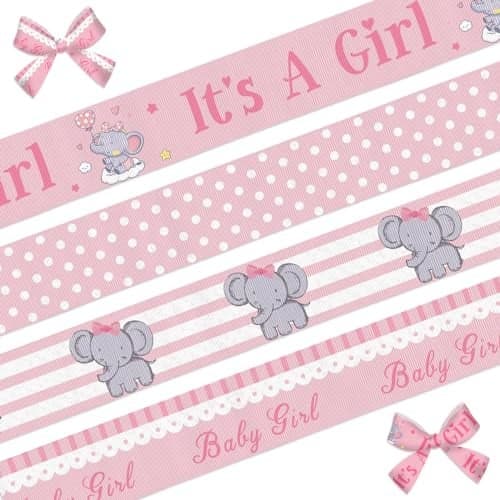 Habbiful 4 Rolls 1 Inch Pink Baby Shower Ribbon Its a Girl Ribbons for Crafts Gift Wrapping Elephant Grosgrain Ribbon Baby Ribbon for Baby Shower Gender Reveal Party Diaper Cake Decoration 20 Yards