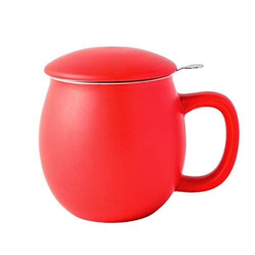 Yundu 12 OZ Matte Red Ceramics Teacup with Infuser and Lid, Mug with Lid for Steeping - Stainless Steel Infuser for Loose Leaf Tea, Home Office Gift for Tea Lovers