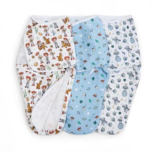 aden + anais Essentials Easy Swaddle Wrap Quick Change with Bottom Zipper, Snug Cotton Knit Baby Wrap Swaddle Blanket for Newborns, TOG 1.0, 3-Pack, Toy Story, 0-3 Months, Small/Medium
