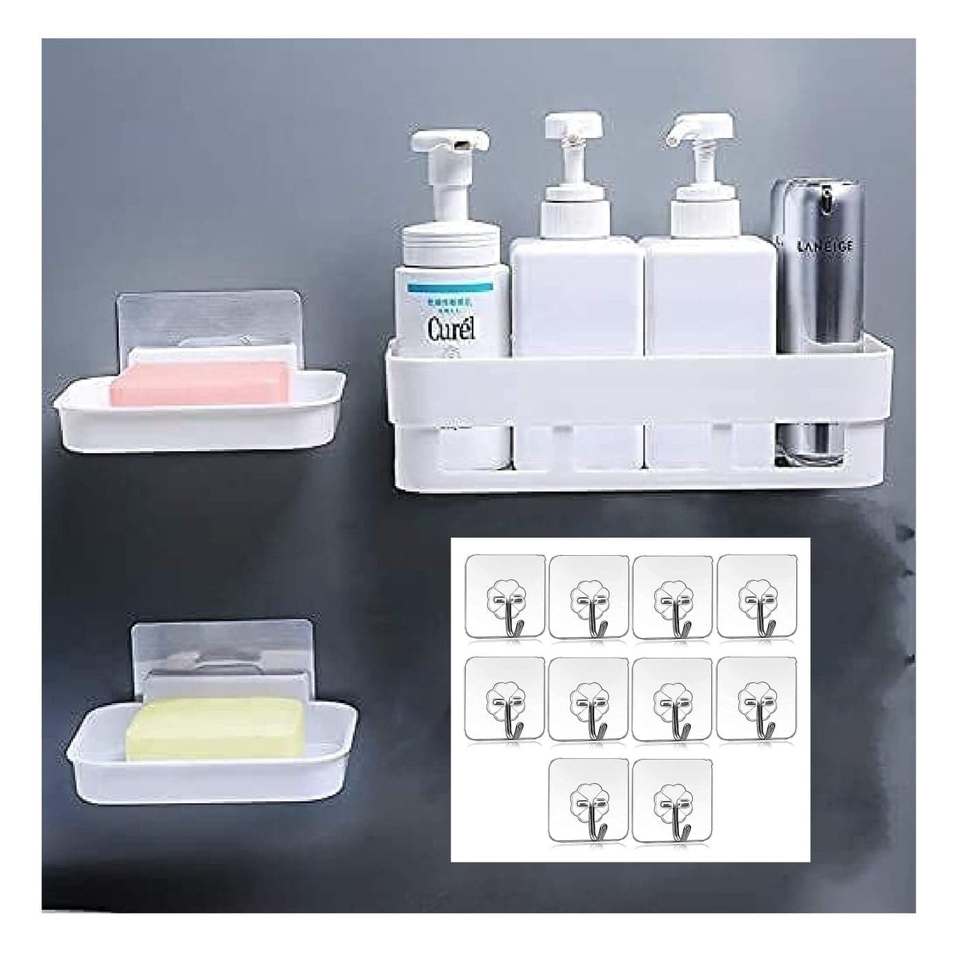 MorivaHomes Multipurpose Wall Mount Bathroom Shelf and Rack for Home and Kitchen. Adhesive Sticker Support Without Drilling (1 Bathroom Shelf + 2 Soap Dish + 10 Hooks), Acrylic