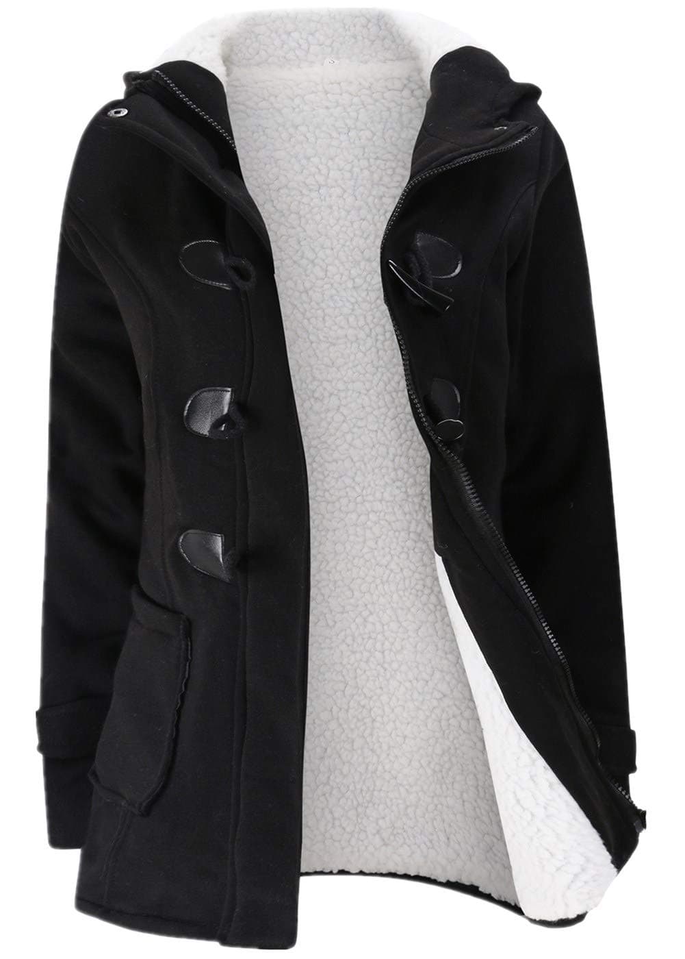 JiangWu Womens Fashion Horn Button Fleece Thicken Coat with Hood Winter Warm Jacket (X-Large, Black)