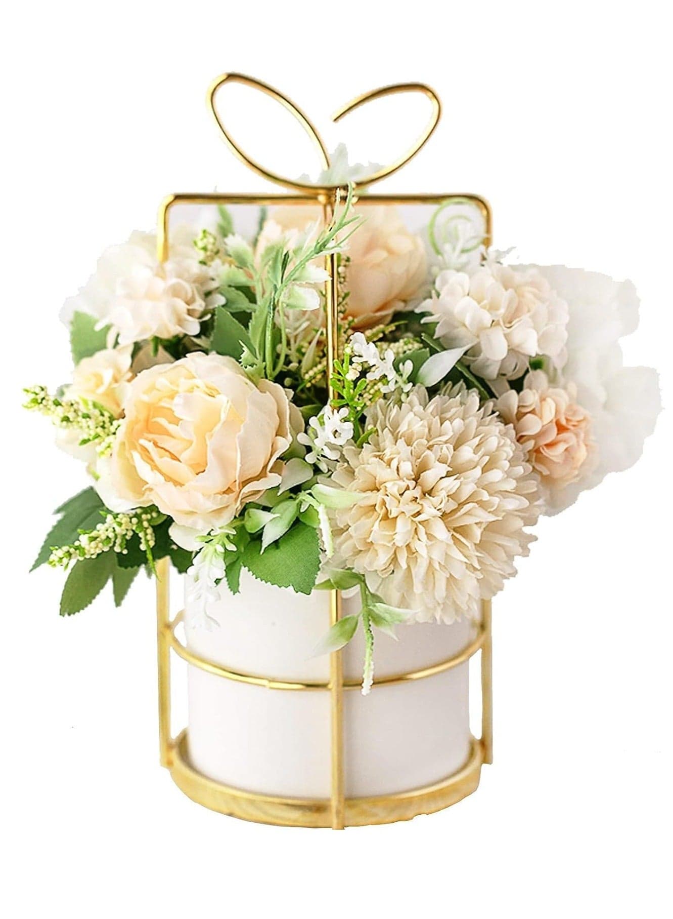 Artificial Flowers Faux in Vase for Home Peony Silk Hydrangea Flower with Ceramic Blue Small Potted Fake Plants Wedding Table Centerpieces Nightstand Office Decor White