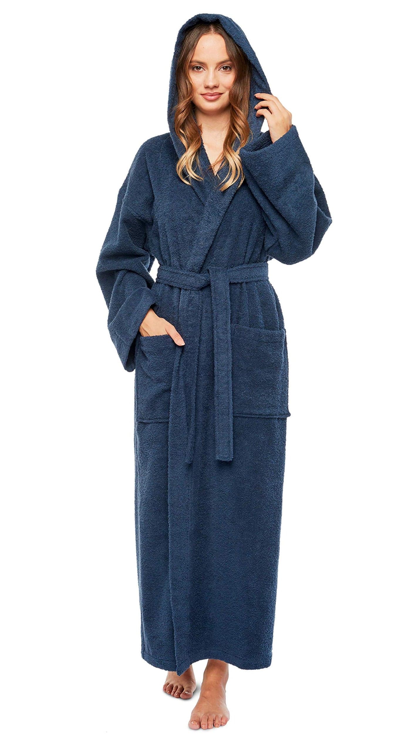 Arus Womens Hooded Classic Bathrobe Turkish Cotton Robe LargeXLarge NBlue