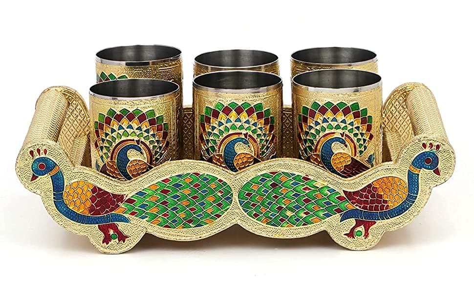 Dhavl Stainless Steel Meenakari Glass Set of 6 with Tray | Handmade Peacock Design Tumblers | Golden Meenakari Drinkware | Traditional Indian Serveware | Wedding, Housewarming & Festival Gift Set