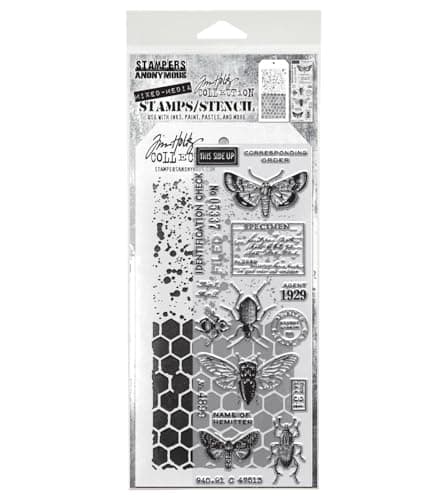 Tim Holtz Collection Stamper's Anonymous Tim Holtz Honeycomb & Insects Mixed Media Stamp and Stencil Set THMM111