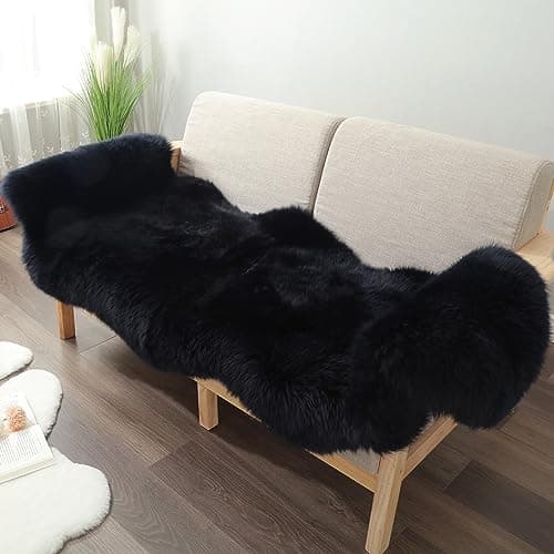 IRIWOOL Premium Genuine Fur Sheepskin Rug Real Australia Sheepskin Natural Luxury Fluffy Lambskin Fur Area Rug Seat Covers for Kids Bedroom Sofa Chair Cover (Black, Double Pelt/2ft x 6ft)