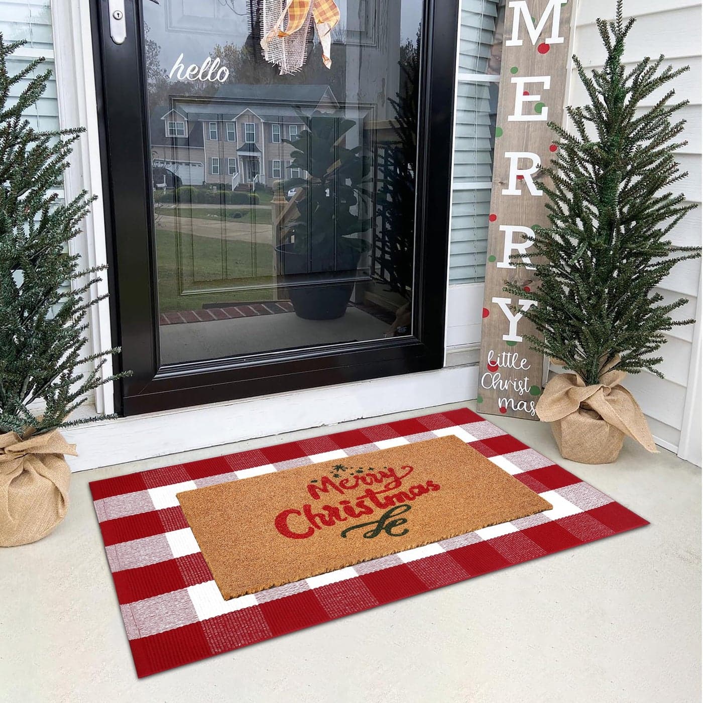 Christmas Door Mat Combo Set 100 Coco Coir Welcome Mat 28 x 43 Inch Red and White Plaid Rug New Year Holiday Christmas Collection Doormat for Front Porch Entryway Decorative