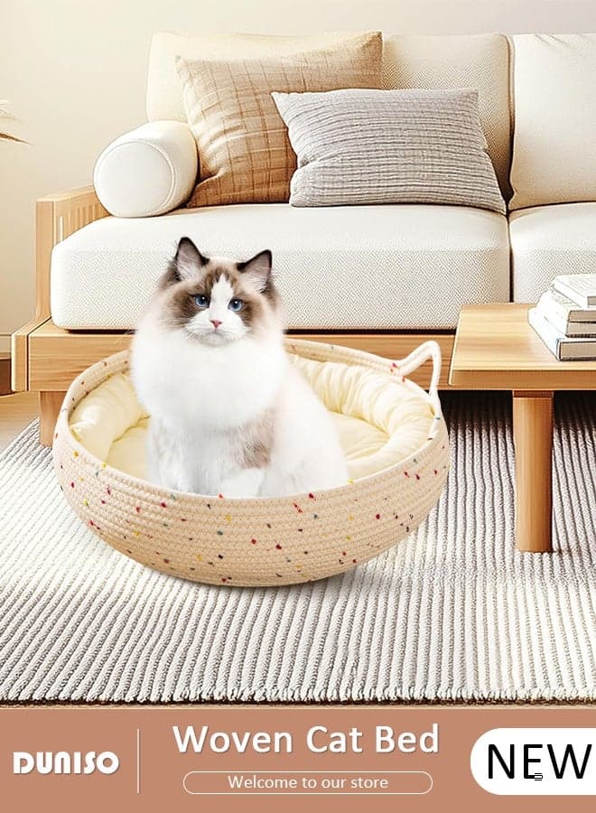 Hand-Made Rattan Round Cat Bed,Cute Woven Cat Bed Basket Pets House with Soft Cushion,Breathable Rattan Cat Hut,Used as Cat Scratching Board,Removable Washable Cat Nest Natural Pet House