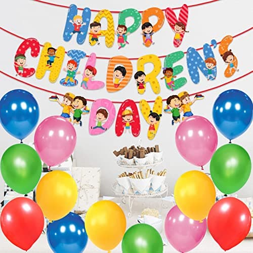 Zyozique Happy Children Day Paper Banner with Multi Colours Balloon for Children Day Party Garland Paper Bunting Sign Children Day Theme Party Decorations Supplies Backdrop Supplies (Pack Of 26)
