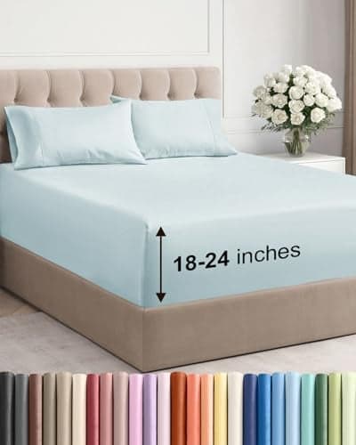 Extra Deep Pocket Queen Sheet Set 4 Piece Breathable Cooling Bed Sheets Hotel Luxury Sheet Set Soft Wrinkle Free and Comfy Easily Fits Extra Deep Mattresses Deep Pocket Ice Blue Sheets