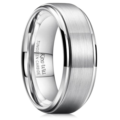 King Will Men's Silver Tungsten Carbide Ring 8mm Polished Step Edge Matte Brushed Finish Center Wedding Band(12.5)