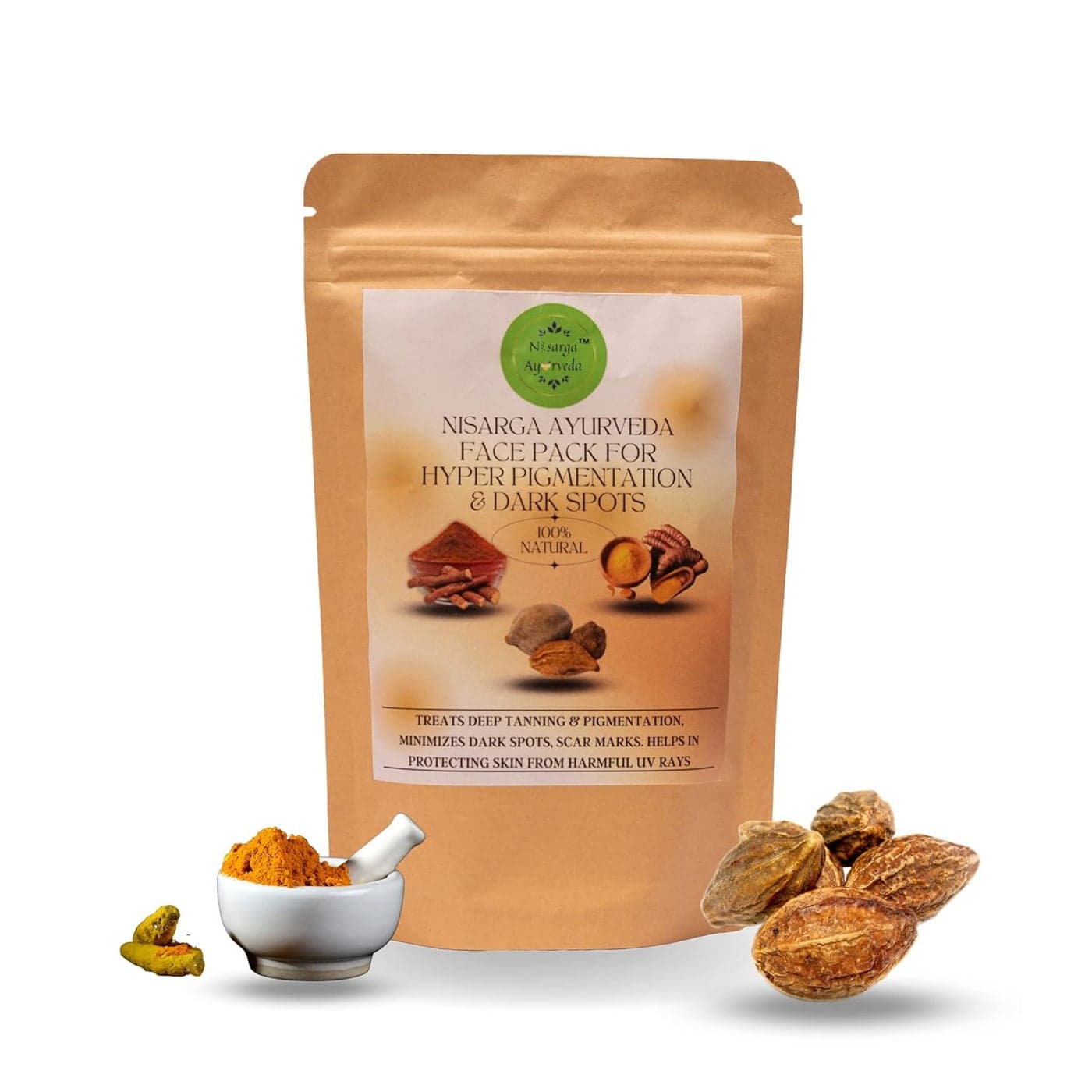 Nisarga Ayurveda Pigmentation Face Pack Treats tanning and Melasma Minimize dark spots scar marks Protects from harmful UV Sun rays Creates Radiant Complexion Pack of 2 100 gm x 2