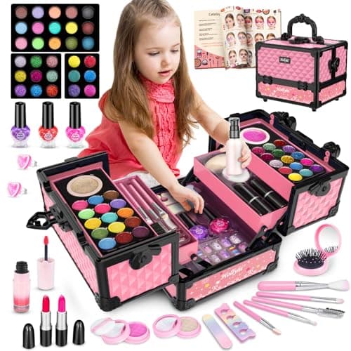 Hollyhi 59Pcs Kids Makeup Kit for Girl Washable Play Makeup Toys Set for Dress Up Beauty Vanity Set with Cosmetic Case Birthday Toys for Girls 3 4 5 6 7 8 9 10 11 12 Year Old Kids Toddlers Pink