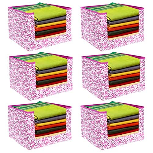 PrettyKrafts 6 Pieces Large Capacity Saree Stacker - Foldable Wardrobe Organizer for Efficient Clothes Storage - Stackable and Space-Saving - Non Woven Rectangle Cloth Saree Stacker - Pink