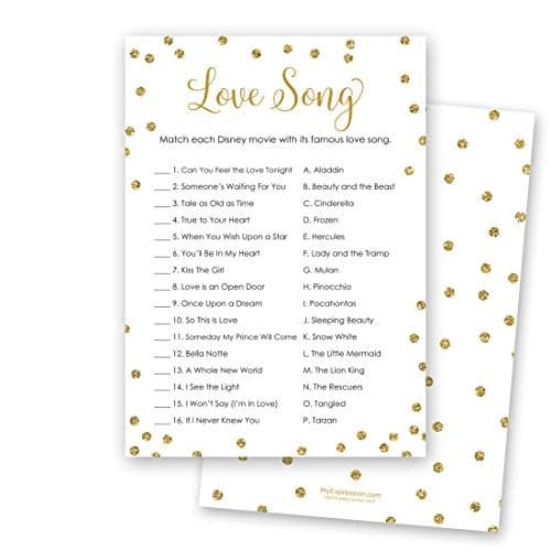 MyExpression.com 24 Cnt Love Song Match Bridal Game Cards (Faux Gold Glitter on White)