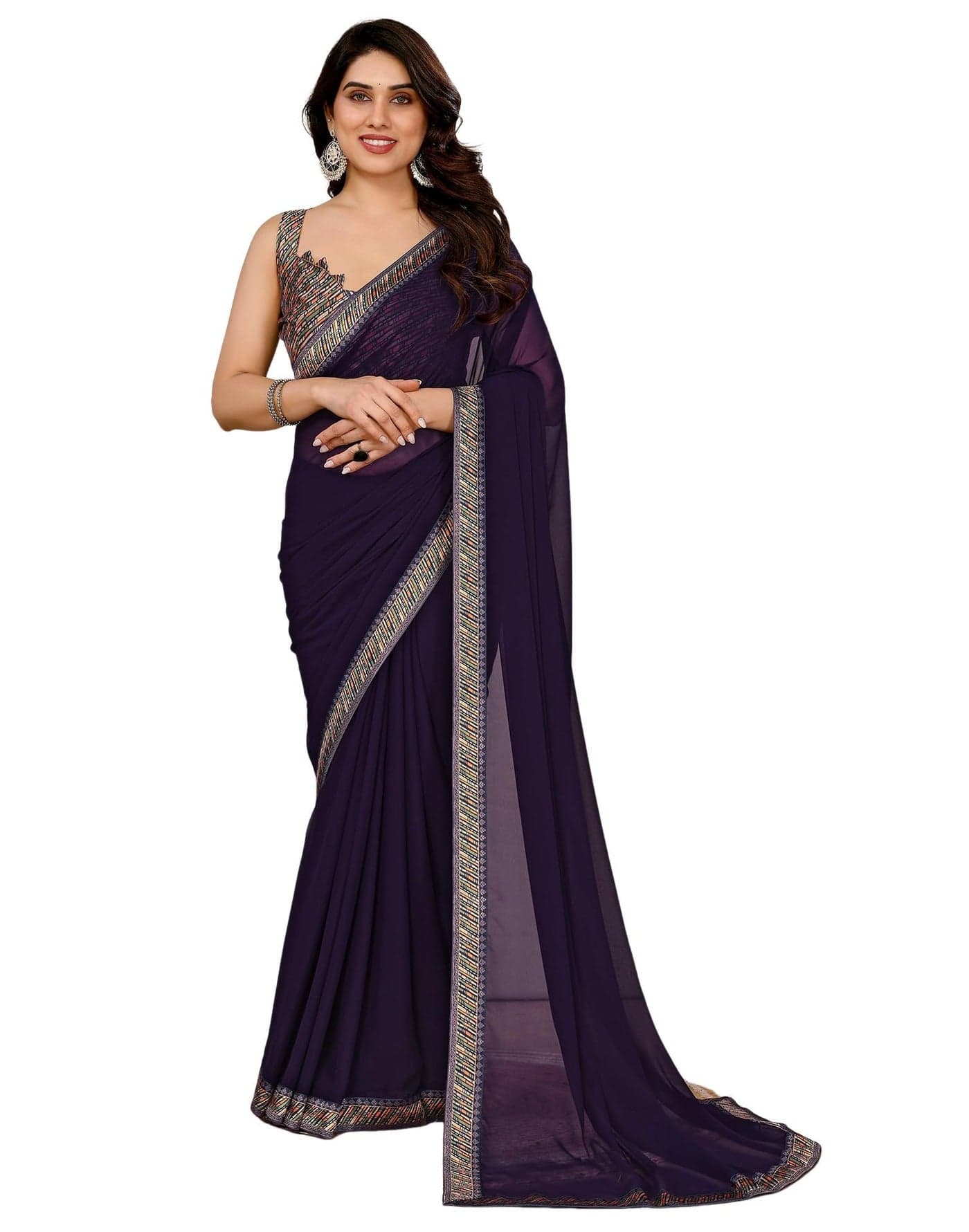 SIRIL Women's Georgette Lace Border Saree With Unstitched Blouse Piece (4254S656_Wine)