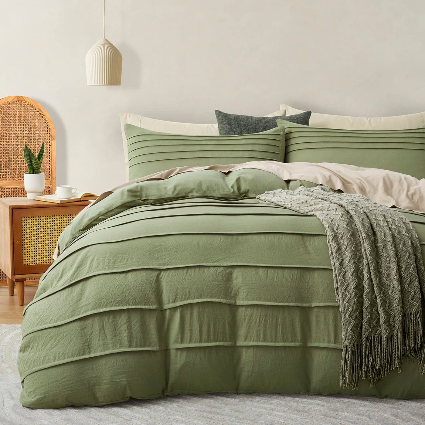 Oli Anderson Sage Green Duvet Cover King Size Pleated King Duvet Cover 3PCS Soft and Breathable Textured Bedding Set with Zipper ClosureSage Green104x90