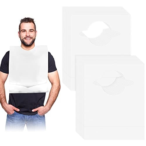 Hicarer 50 Pcs Disposable Adult Bibs with Crumb Catcher for Elderly Eating Plastic Bibs Single Use Dining Clothing Protectors