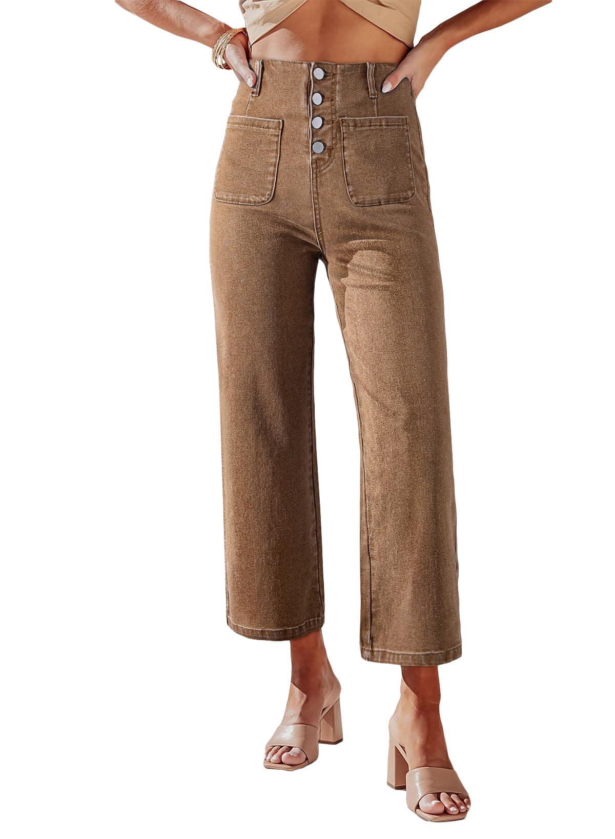 Sidefeel Women's Wide Leg Jeans High Waisted Stretchy Zimbaplatinum Straight Leg Jeans Buttoned Loose Denim Pants with Pocket Brown Size 4