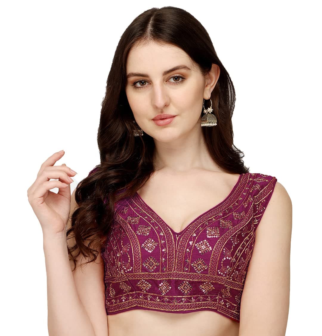 Pujia Mills Women's Silk Embroidery Sequins Zari Work Readymade Saree Blouse (Radha Krishna 11_Wine_38)