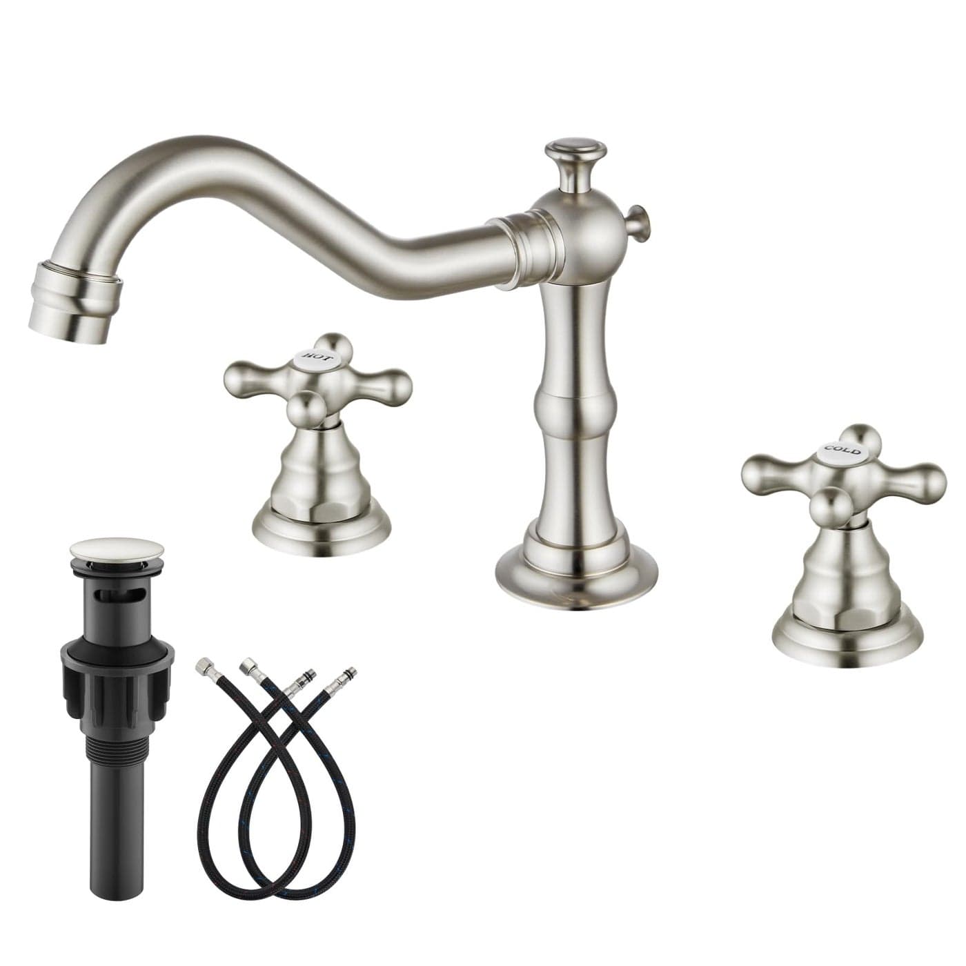 gotonovo Bathroom Faucet 3 Hole 8 Inch Widespread Bathroom Sink Faucet 2 Cross Handles Vintage Lavatory Vanity Mixer Tap with Pop Up Drain HOT Cold Label Brushed Nickel