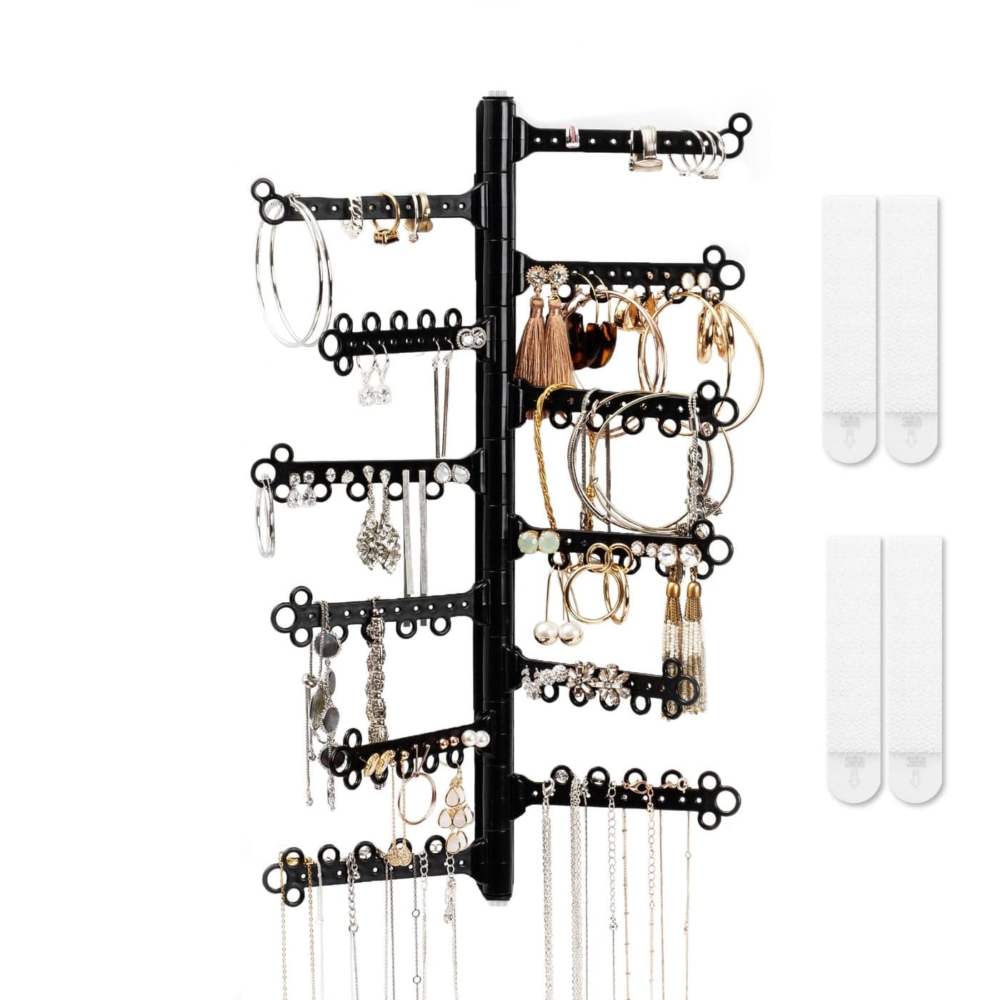 All Hung Up 12Tier 15 Wall Jewelry Organizer Command Strips included for Easy Hanging 120 Hole Earring Organizer Necklace Organizer Bracelet Holder Ring Holder Rotating Branches Black