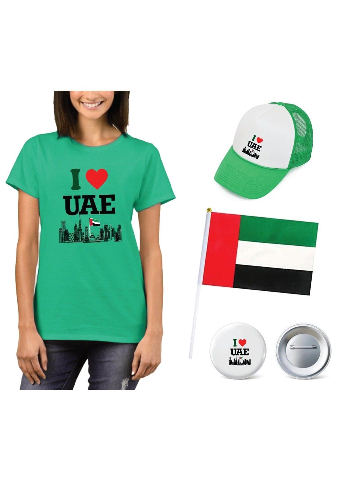 Adult UAE T-shirt - Cap - Flag and Badge Pack of 4 Combo