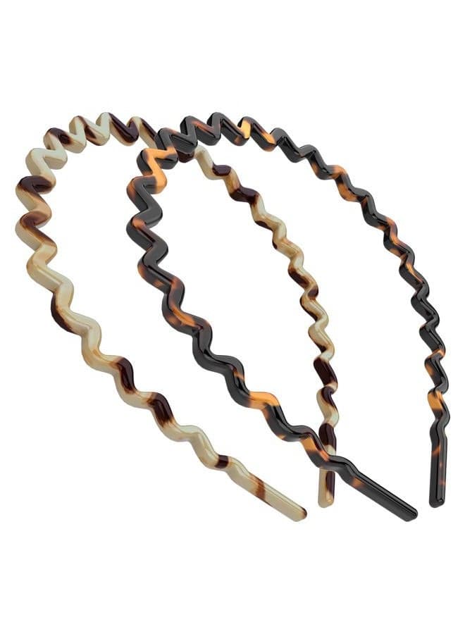 Wavy Headbands Plastic Skinny Thin Non-Slip Flexible Hair Bands Simple Hoops Hair Accessories for Women 2 Pack (Tortoise Shell, Ivory)