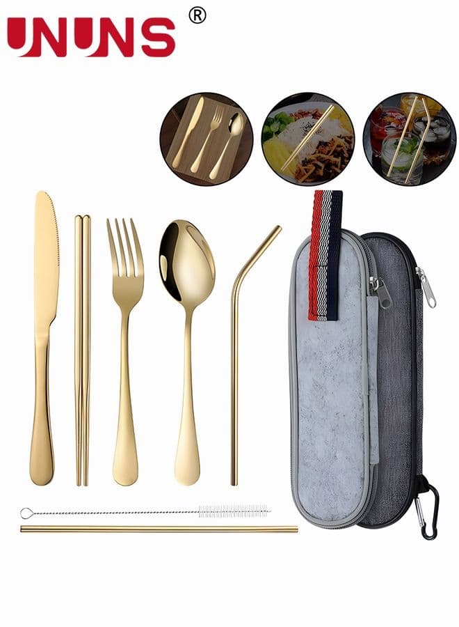 7Pcs Stainless Steel Flatware Set Portable Reusable Cutlery Set Travel Utensils Set Including Chopsticks Knife Fork Spoon Straws Cleaning Brush Dishwasher Safe (Golden)