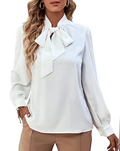 Rooscier Women's Bow Tie Neck Long Sleeve Buttton Cuff Chiffon Elegant Blouse White Medium
