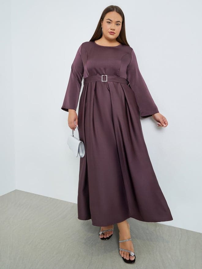 Plus Size Satin A-Line Maxi Dress with Belt