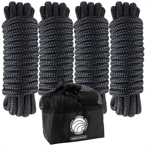 Five Oceans 3/8" x 15' Boat Dock Lines - 4-Pack Black Double Braided Nylon Rope with 12" Spliced Eyelet, Mooring Lines for Boats up to 30' - FO4694