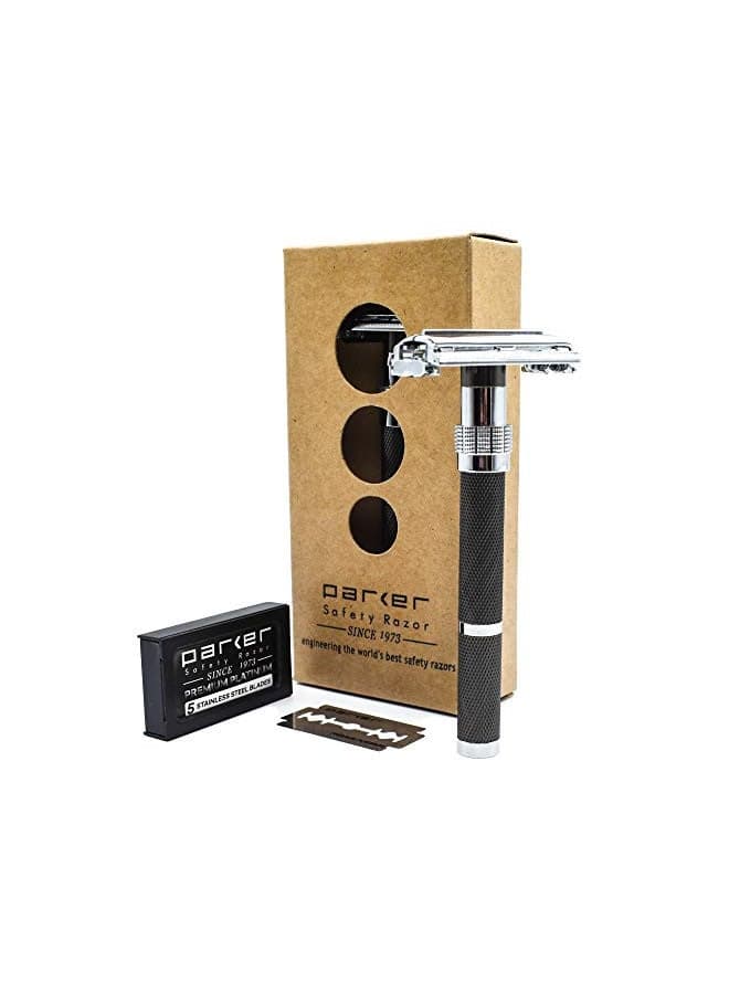 Parker, 96R Graphite Gray Long Handle Butterfly Open Double Edge Safety Razor for Men, 5 Parker Premium Platinum Double Edge Razor Blades Included
