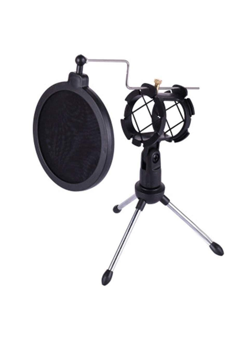 Desktop Microphone Stand Table Plastic Mic Clip TriPod Holder with Pop Filter Double Mesh Screen