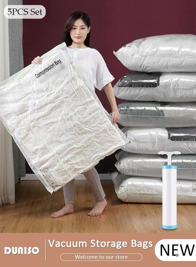 60*40 cm Vacuum Storage Bags-5 Compression Bags Pump Needed Reusable Compression Bags Space Saver Home Packing Organizers for Packing, Clothes, Comforters, Blankets