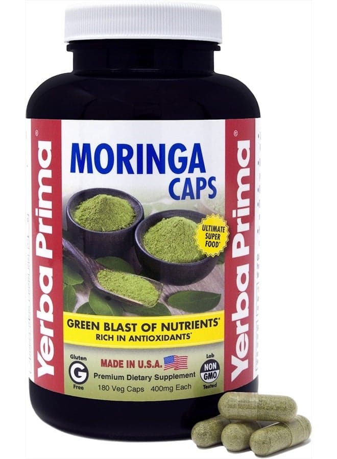 Moringa, 180 Count Veg Caps - 400mg of Pure, Dried Leaf Powder, Green Blast of Nutrients, Rich in Antioxidants, 100% Pure, Super Food, Non-GMO, Vegan Friendly, Gluten-Free, USA Made