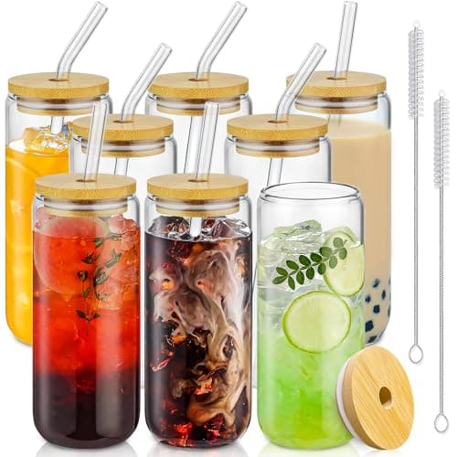 SENTVEND 20 Oz Drinking Glasses with Bamboo Lids and Glass Straw - 8 Pcs Glass Cups Beer Ice Coffee Glasses Cute Aesthetic Cup Great for Coffee Bar Accessories Include 2 Cleaning Brushes
