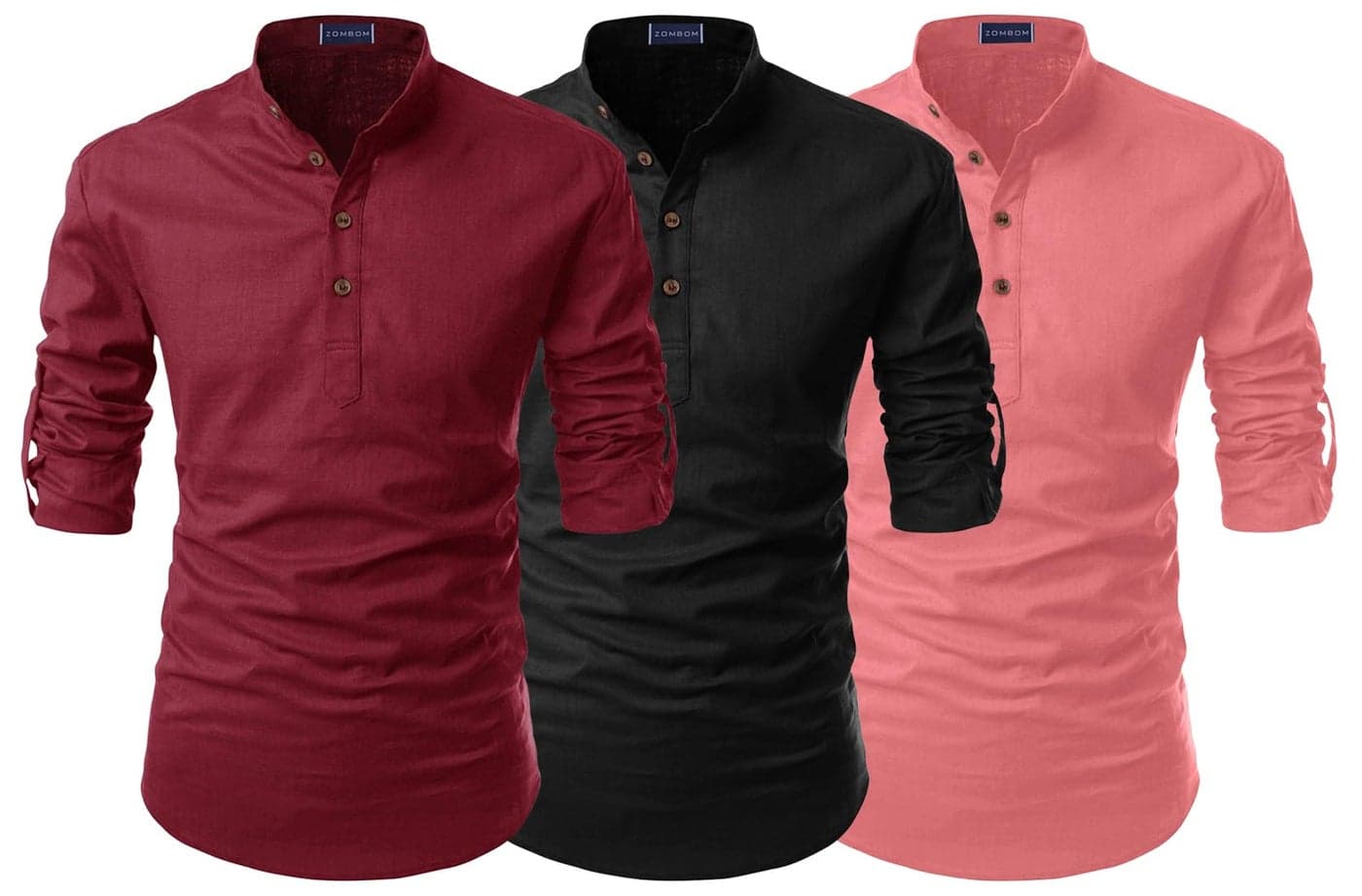 Zombom Men's Combo Cotton Blend Solid Mandarin/Chinese Collor Full Sleeve Kurta Shirt (Pack of 3)