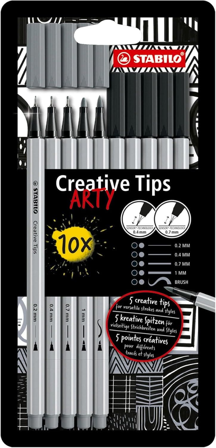 STABILO MultiTip Pen Set Creative Tips 10Piece ARTY Set Black and Light Gray Pens Technical drawing illustration