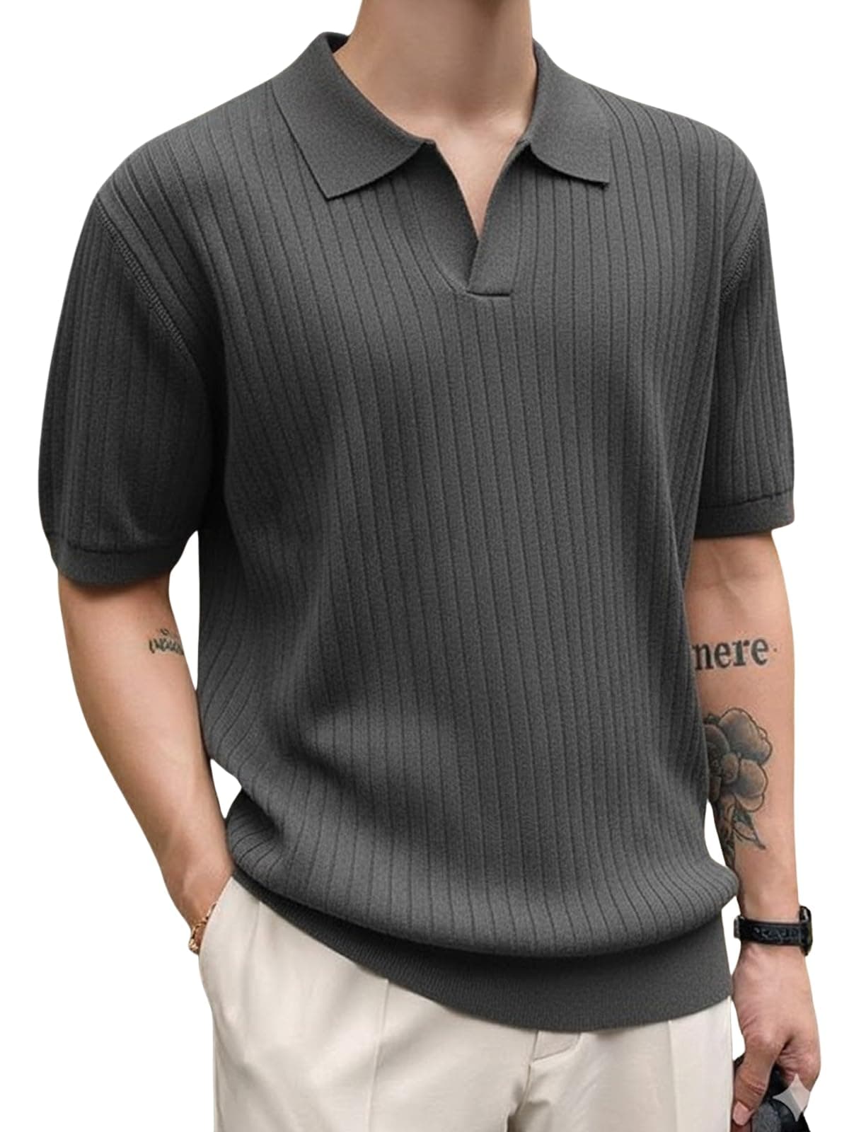 Veirdo® Men’s Casual Ribbed Polo Collar Knit T-Shirt | Slim Fit Short Sleeve Polo for Men | Flat Knit Textured T-Shirt Perfect for Office, Party, Travel (Polo_FK8_DG_S) Dark Grey